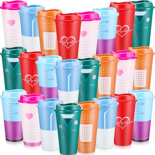 24 Pack Nurse Coffee Cups - 16oz Reusable Plastic Tumblers for Healthcare Gifts