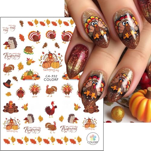 Fall Nail Stickers 6 Sheets Thanksgiving Turkey Pumpkin Autumn Decals