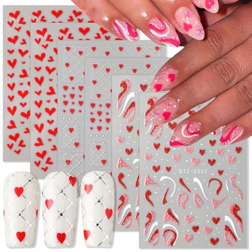 Valentines Day Nail Art Stickers 6 Sheets 3D Self-Adhesive Red Heart French Tips