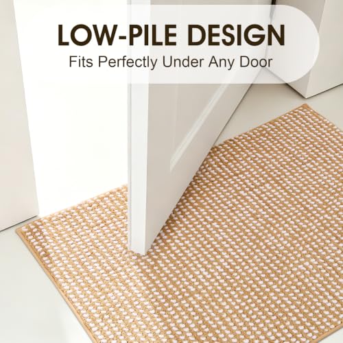 ACCUMTEK Beige & White 1.5' x 2' Luxury Chenille Non-Slip Bathroom Rug
