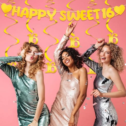 Happy Sweet 16 Birthday Banner & 6 Hanging Swirls Set