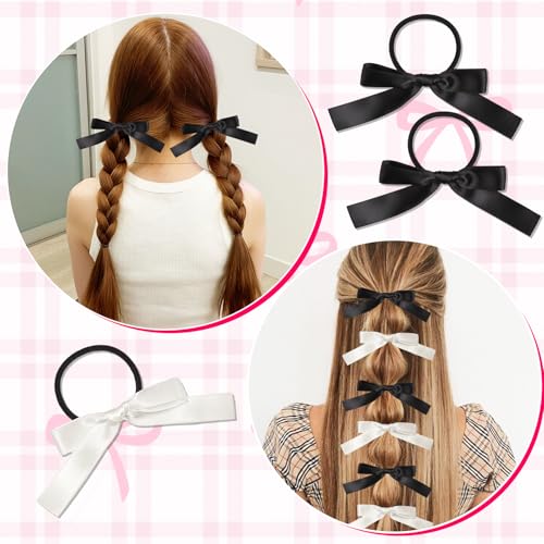12PCS Silky Satin Hair Bows Ties for Girls and Women, Black and White Ribbon Ponytail Holder Elastics