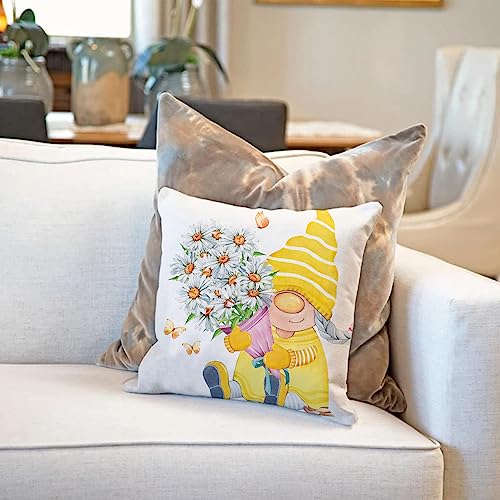 Yellow Outdoor Throw Pillow Covers 18x18 (Set of 4) - Daisy Floral Gnomes