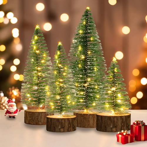 Mini Christmas Trees with Lights - 4 Sizes, Warm White, Timer, 4 Pack - Christmas Decor