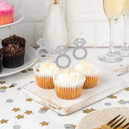 CloverCrafts 12 Glitter Diamond Ring Cupcake Toppers - 2" for Bachelorette & Bridal Showers