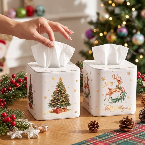 Christmas Tissue Box Cover - Cream Leather Reindeer & Tree Design - 2 Pack