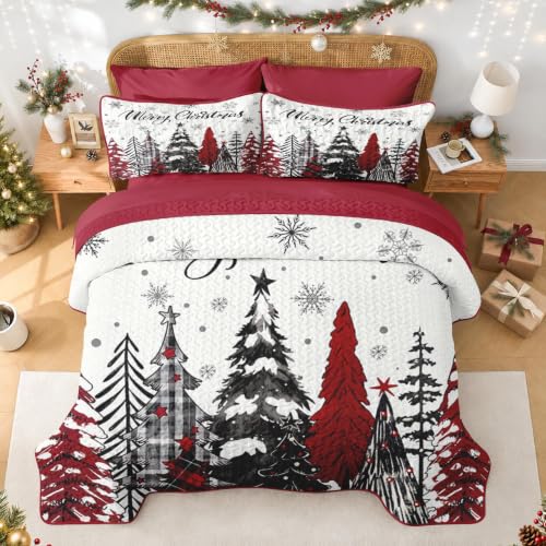 Queen Christmas Quilt Set with Tree Plaid Pattern - 7 Pieces Winter Bedding - Variation: Christmas Trees 1