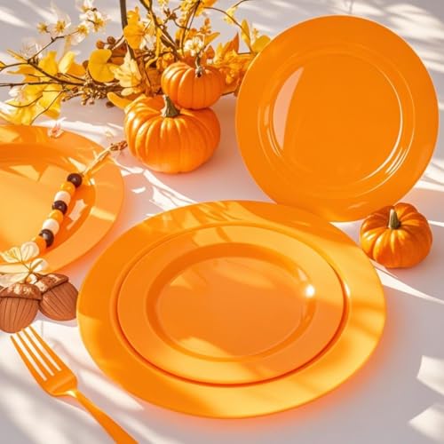 Orange Disposable Plates Set 60PCS for Fall Halloween & Thanksgiving - Heavy Duty 10.25inch & 7.5inch - Variation of Orange / 60