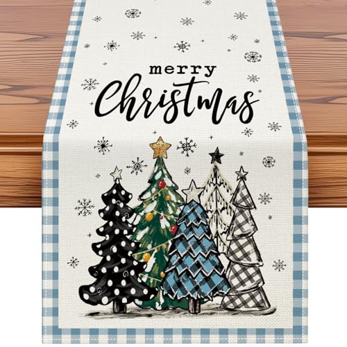 Christmas Table Runner 13x108 Inch Light Blue Buffalo Plaid Holiday Farmhouse Decor