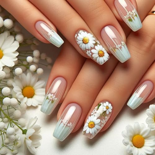 Daisy French Tip Long Ballet Press On Nails - 24 Pcs Floral Fake Nails
