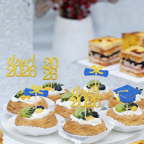 24Pcs Graduation Cupcake Toppers - Class of 2026 Black & Gold