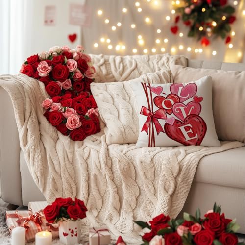 Valentine's Day Pillow Cover 18x18 Inch Red Heart Bow Print