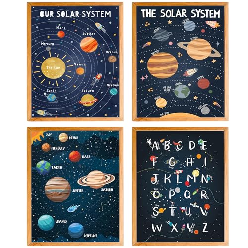 BearCake Solar System Alphabet Poster Prints - 12x16 Inch Set of 4 for Kids' Room