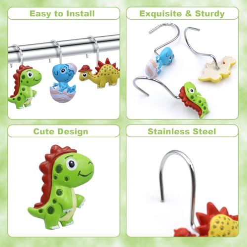 Dino Shower Curtain Hooks - Cute T-Rex Bathroom Decor (12 PCS)