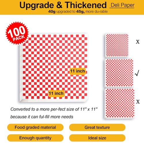 YEHOSHUN 100Pcs Red & White Wax Paper Sheets - Grease Resistant 11x11" Deli Paper for Sandwiches & Food Basket Liners