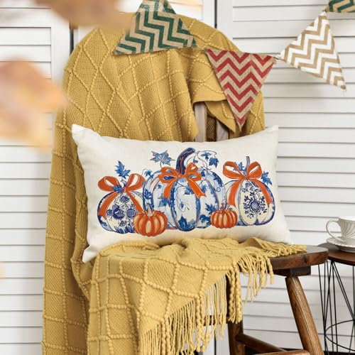 Blue Pumpkin Chinoiserie Pillow Cover - 12x20 Inch Fall Decor