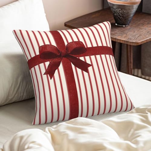 Red Bow Throw Pillow Covers 18x18 Inch Set of 2 - Holiday Ribbon Design, Xmas Decorative Cushion Cases