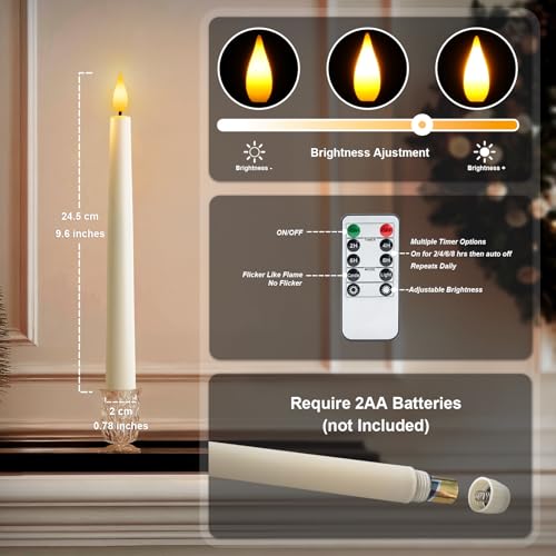 Ivory Flameless Taper Candles with Remote & Timer Set - 6 Pieces, 9.6 Inch LED Battery Candlesticks for Holiday & Home Decor - Variation: Ivory-6