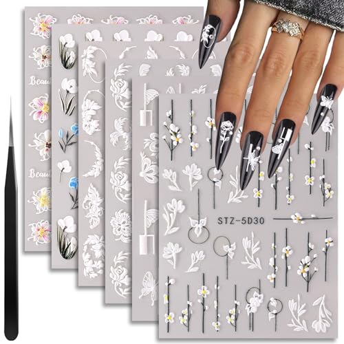 BELLEBOOST 6 Sheets 5D Flower Nail Art Stickers with Tweezer Embossed Floral Decals