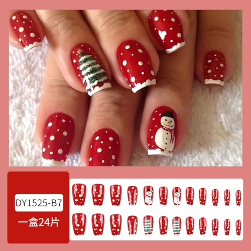 Christmas Snowman Press on Nails French Tip Glossy Red Fake Nails