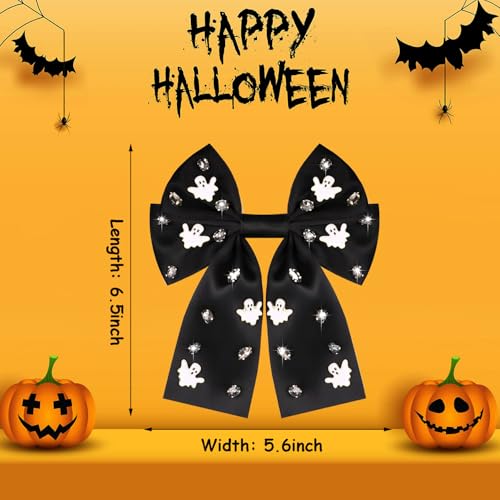 NVENF Large Halloween Hair Bows Rhinestone Spooky Ghost Black Ribbons