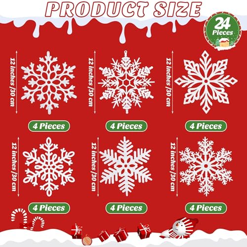 Large White Snowflake Ornaments Set - 12 Inch Plastic Holiday Decorations, Glittered Snowflakes for Christmas Tree & Indoor Outdoor Decor - 24 Pieces
