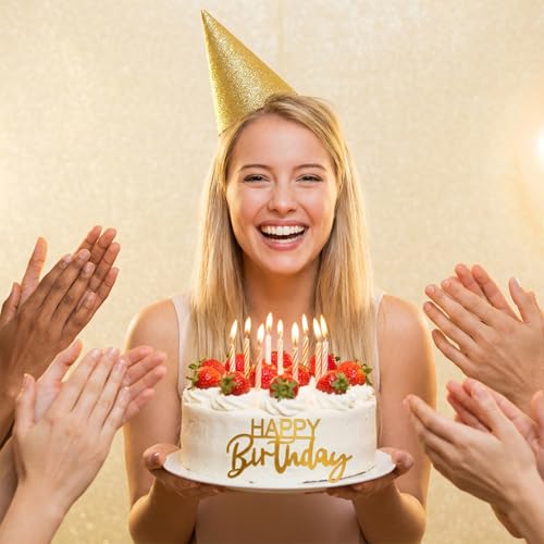 Gold Happy Birthday Cupcake Toppers - 12 Pcs Acrylic Decor