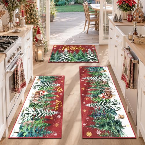 Christmas Washable Kitchen Rugs Set of 3 Non-Slip Backing 20x32/47/59 Inches