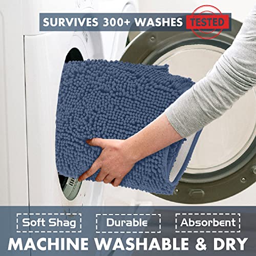 LuxUrux Medium Blue 30x20 Inch Soft Chenille Bath Rug Non-Slip Microfiber Floor Mat
