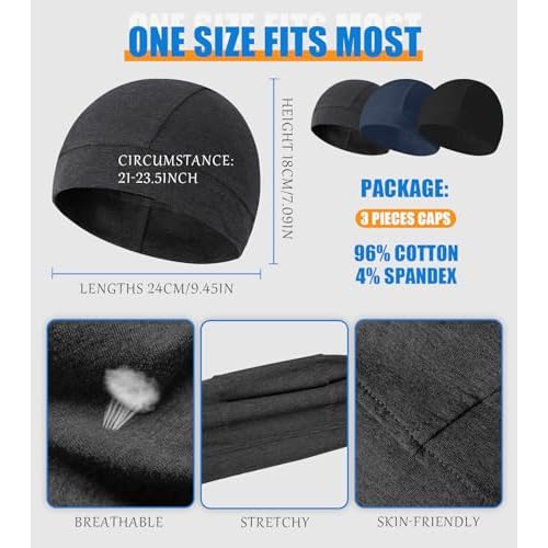 3 Pieces Cotton Skull Caps for Men Women Beanie Chemo Headwear Riding Helmet Liner Running Sleeping Hats