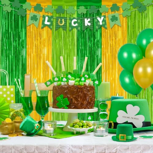 Green Gold Foil Fringe Curtains – 2 Pack 3.3 x 8.3 Ft Party Backdrop
