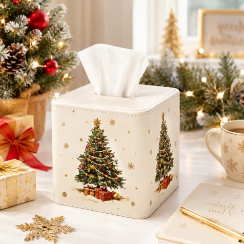 Christmas Tissue Box Cover - Cream Leather Reindeer & Tree Design - 2 Pack