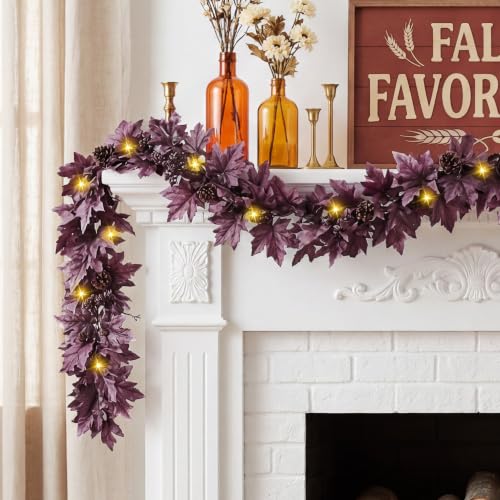 Purple Fall Garland with 30 Lights & Timer 6Ft Autumn Decor