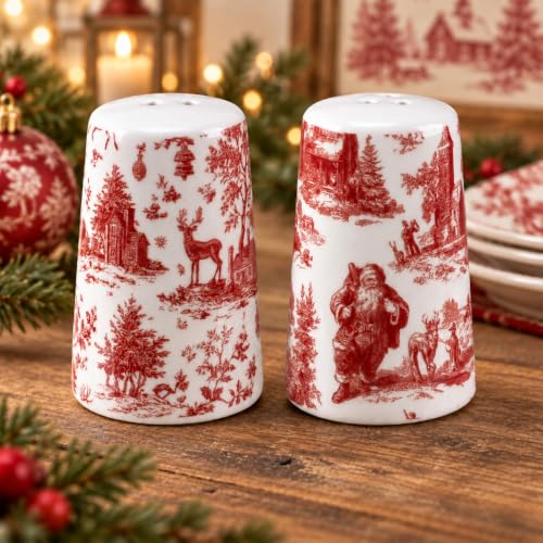 Vesici 2 Pcs 3 Inch Vintage Christmas Red & White Toile Salt and Pepper Shakers