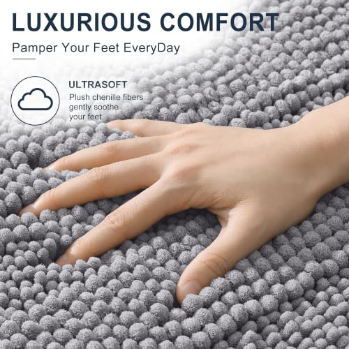 Smiry Chenille Bath Mat 30x20 - Soft, Absorbent, Grey
