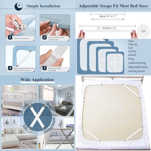 Adjustable White Bed Sheet Fasteners - Heavy Duty Elastic Straps for Fitted & Flat Sheets