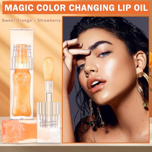 Color Changing Lip Oil Stain 2PCS Hydrating Shimmer Gloss Strawberry Orange