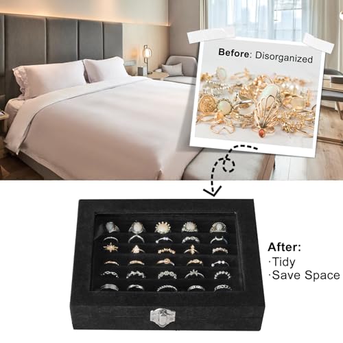 Velvet Jewelry Organizer Box with Glass Lid - 7 Slot Ring and Earring Holder