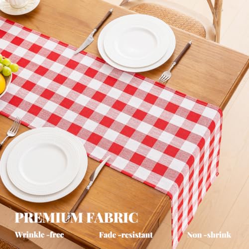 Alsoo Red Gingham Table Runner 13 x 90 Inches - Farmhouse Checkered Cotton Linen Decor