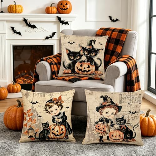 Vintage Halloween Throw Pillow Covers 18x18, Set of 4 Black Cat & Pumpkin