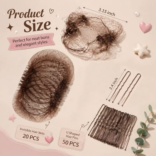 Invisible Hair Net Set for Ballet Buns (Brown, 20 Pcs with 50 U Pins)