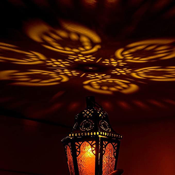 NEEDOMO Amber Moroccan Lantern 13.5-Inch Vintage Metal Candle Holder with Chain