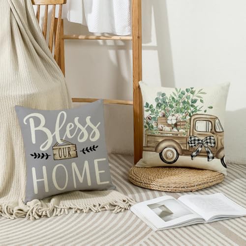 Wyooxoo Dark Grey Linen Throw Pillow Covers Set of 4 18x18 Inches Farmhouse Sofa Decor