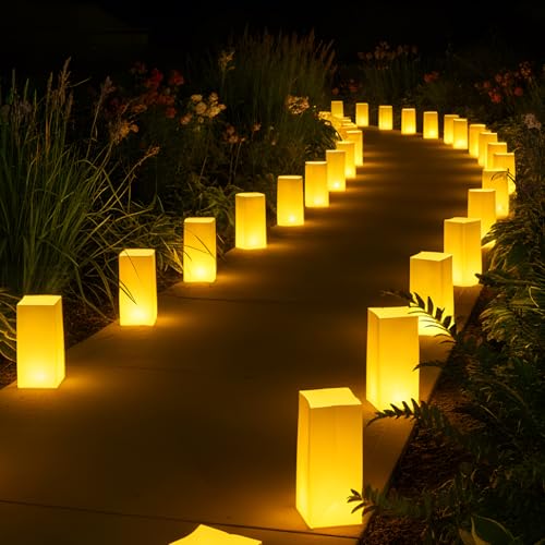 White Luminary Bags with LED Candles Set - Waterproof Pathway Decor