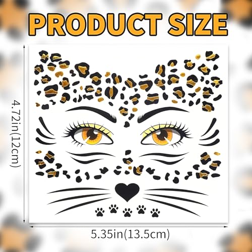 Leopard Face Temporary Tattoos 2-Sheet Halloween Fake Tattoos for Kids and Adults