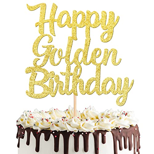 Happy Golden Birthday Cake Topper - Gold Glitter Decoration