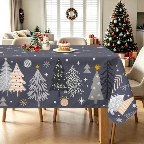 Christmas Pine Tree Snowflake Rectangle Table Cloth 60x84 Inch - Grey