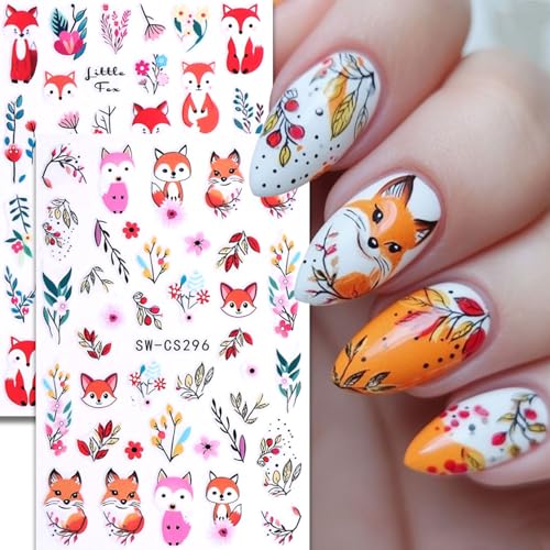 Cartoon Fox & Autumn Leaf 3D Nail Art Stickers Fall Decals