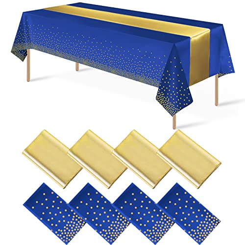 Blue and Gold 8-Pack Disposable Plastic Tablecloths with Satin Table Runner Set for Weddings and Parties