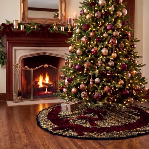 Leopard Print Christmas Tree Skirt 40 Inch Burgundy Velvet Holiday Decor